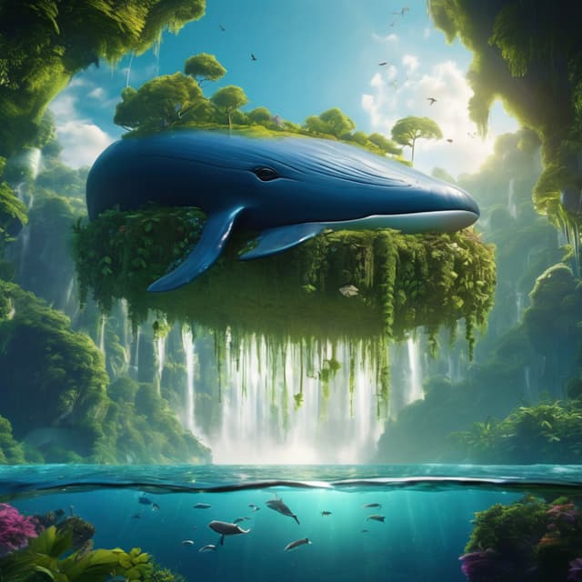 A massive floating island shaped like a whale, covered with lush forests and waterfalls, the whale's eyes emit a warm blue glow, glowing jellyfish and fantastical birds soar in the sky, surreal and dreamy landscape