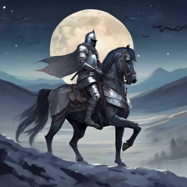 A knight riding under the moonlight, armor shimmering with cold light, solitary figure traveling through the wilderness, distant mountains and a quiet night sky.