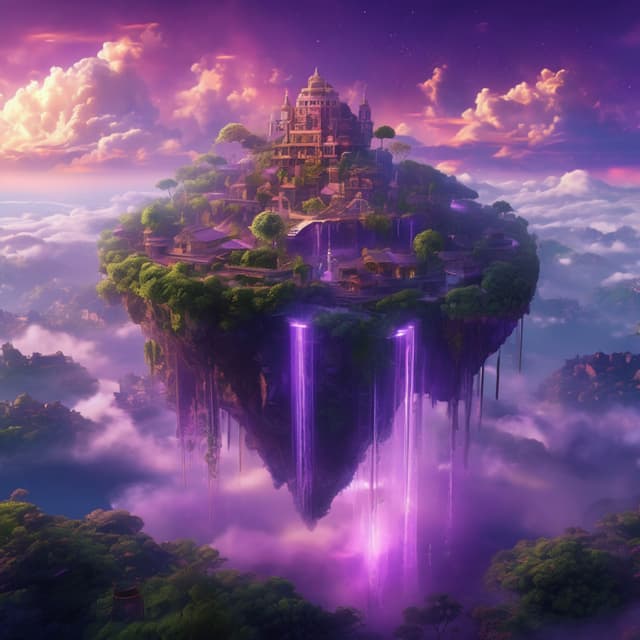 Mystical floating island in the clouds, an ancient city atop the island, suspended bridges connecting various buildings, waterfalls and dense vegetation surrounding it, distant sky glowing with purple hues, fantastical sky city style, highly detailed