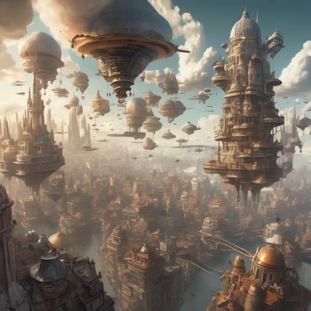 A massive city floating in the sky, various flying machines soaring through the air, strange architecture, clouds rolling beneath, filled with an otherworldly fantasy feel.