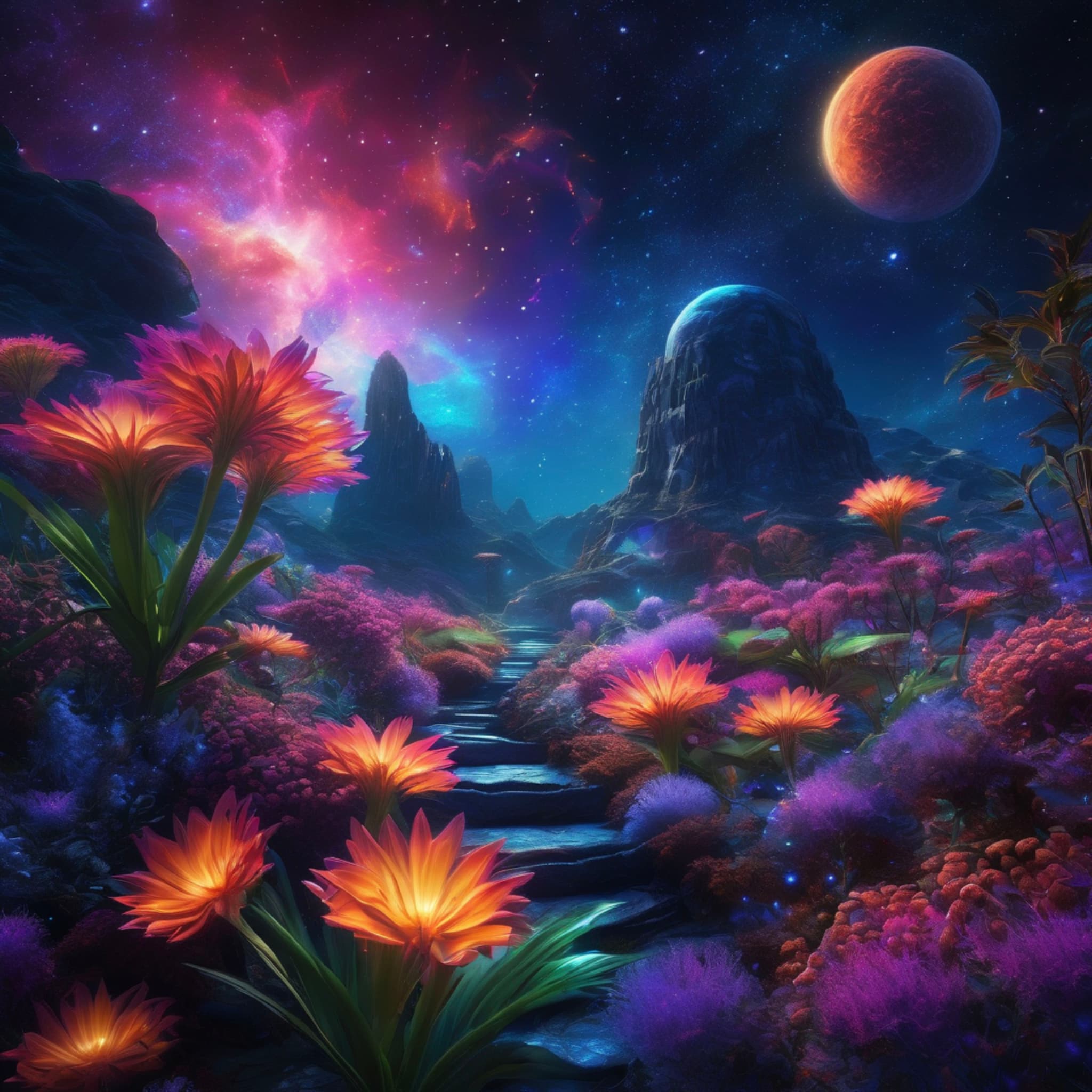 A strange garden located in a distant galaxy, glowing plants, under starlight, alien flowers blooming in vibrant colors, surrounded by shimmering nebulae, both fantastical and exotic.