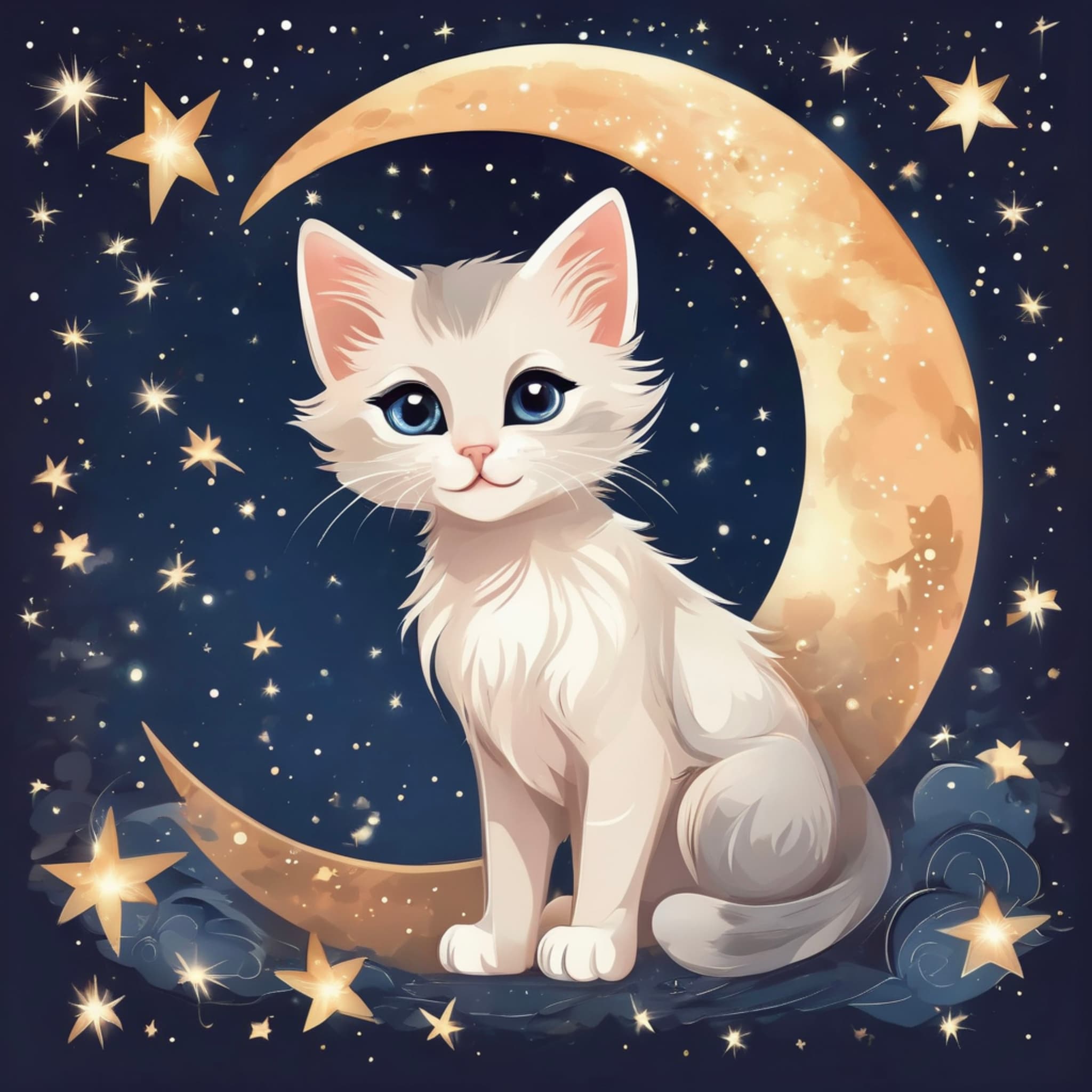 A cute kitten sitting in the night sky, surrounded by twinkling stars and a glowing moon, the kitten's large, bright eyes shining, soft hues and a romantic atmosphere in an illustration style.