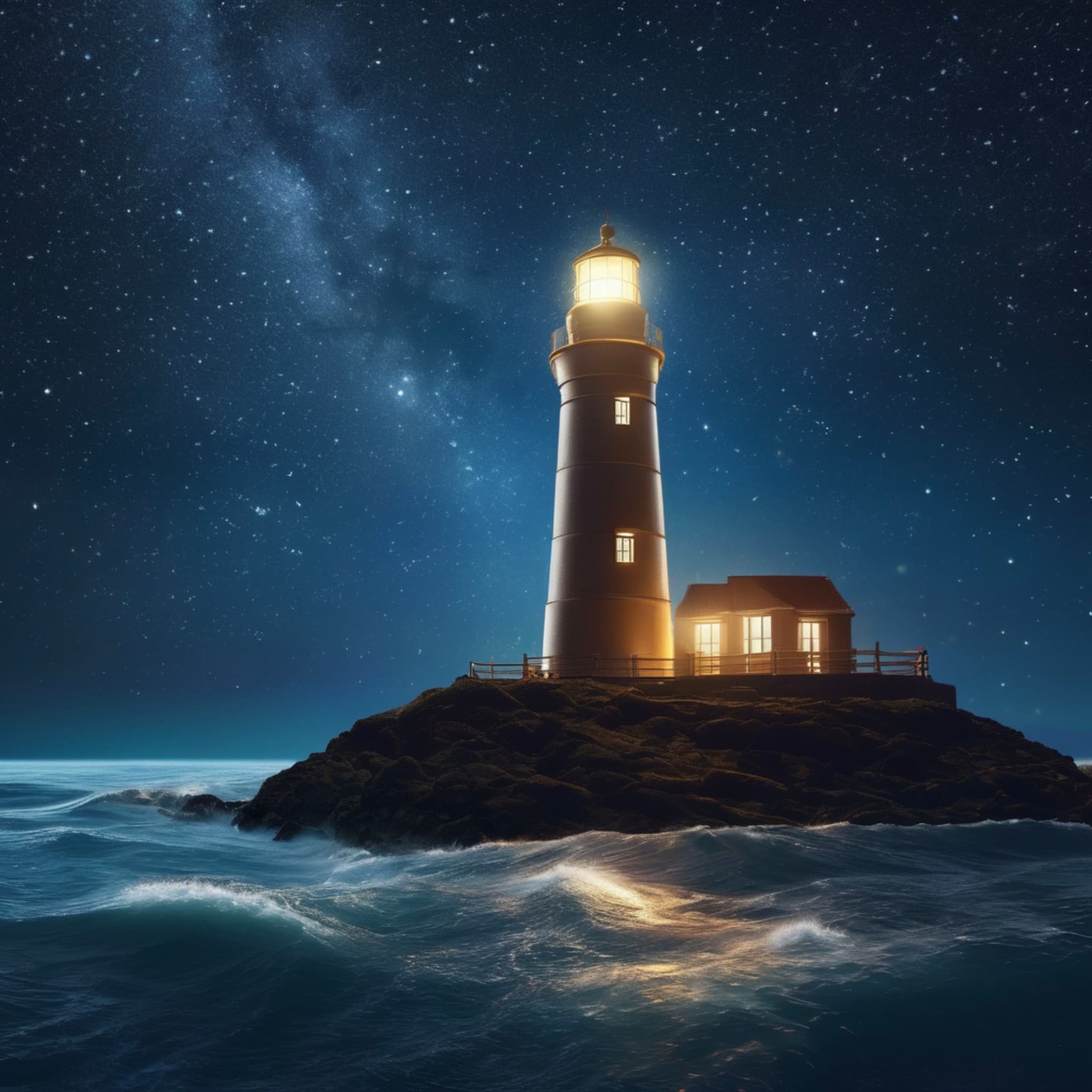 A solitary lighthouse floating under the vast night sky, surrounded by a sea of stars, its light illuminating the surroundings, stars and glowing points intertwining, creating a dreamy and mysterious atmosphere.