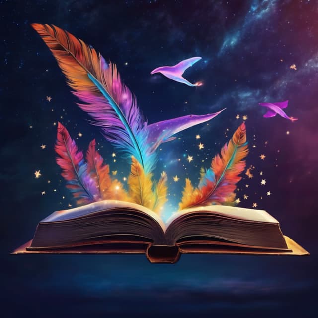 A magical book made of stardust and feathers floating in the air, releasing colorful dreamscapes with floating castles, inverted forests, and flying whales, night sky background, psychedelic colors, fantasy style