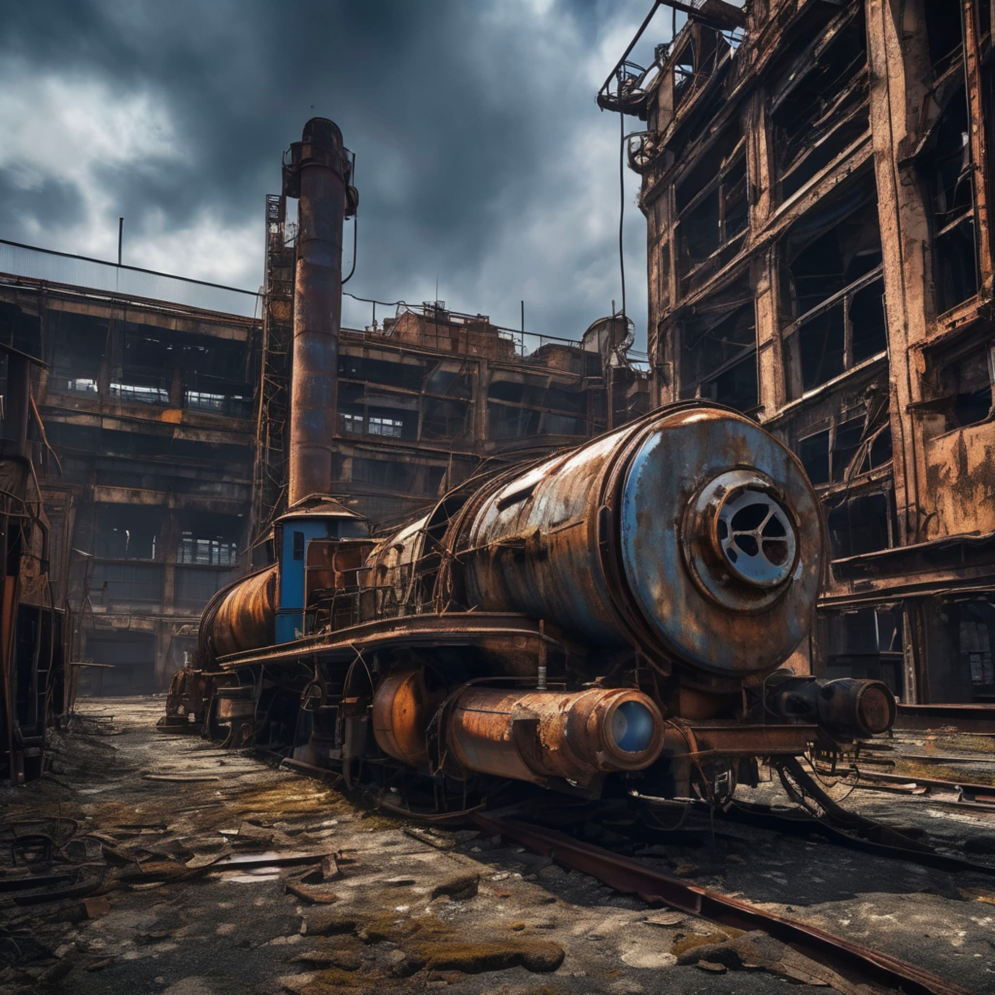 In a dilapidated abandoned factory, a semi-mechanical life form crawls slowly through rusted and corroded structures, blue electric currents flowing through broken parts, a sense of abandonment in the dim environment, industrial steampunk style, highly detailed