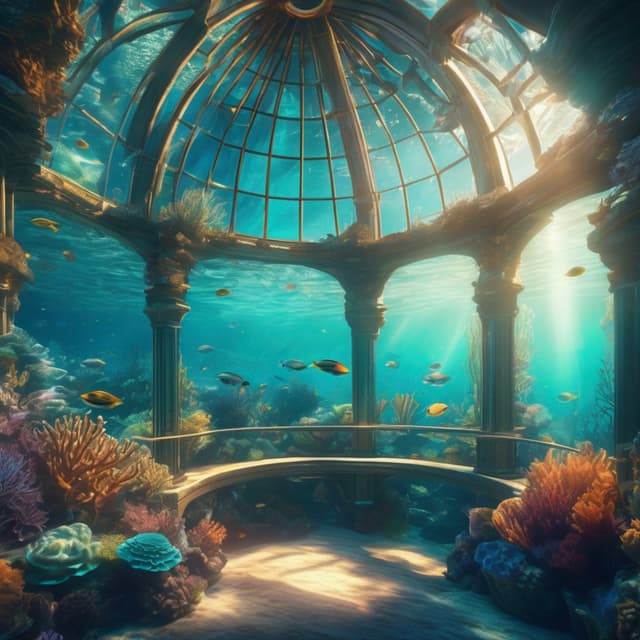 A dreamy underwater city in the deep ocean, magnificent buildings surrounded by coral reefs and seaweed beneath a transparent dome, gentle water currents flowing through the streets, colorful marine creatures swimming through, dreamy fantasy style, stunning underwater light and shadow effects