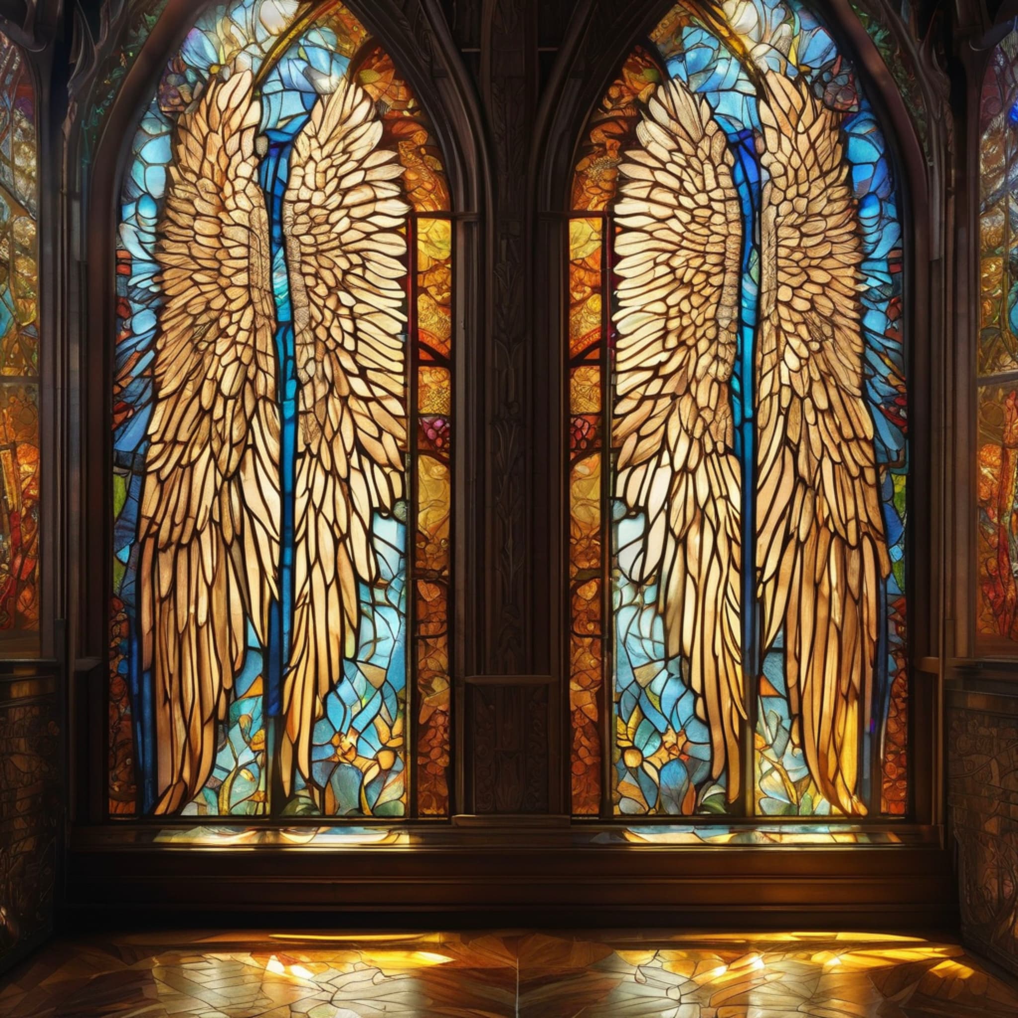 A pair of magnificent angel wings embedded in stained glass windows, sunlight streaming through the glass, colorful beams of light casting onto the floor, intricate patterns carved into the window frame, a sacred and holy atmosphere, delicate art style, highly detailed