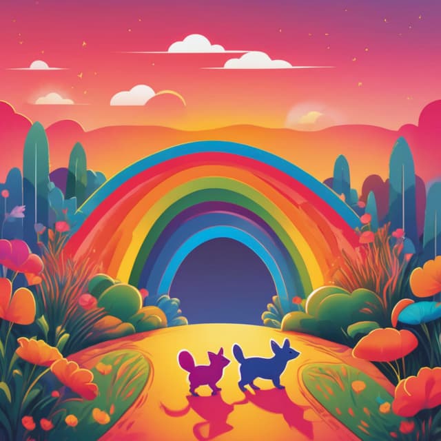 A few small animals walking across a vibrant, colorful rainbow bridge, with a warm sunset backdrop, simple and cheerful illustration style, rich colors and playful vibes.