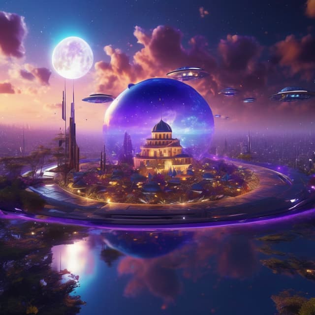 floating city, fusion of ancient architecture and futuristic tech, bright stars, meteors crossing the night sky, purple and blue glow, dreamlike clouds, flying vehicles passing by, warm light through windows, futuristic urban landscape, floating islands, strange plants growing in the air, ultra-detailed, HD 4K