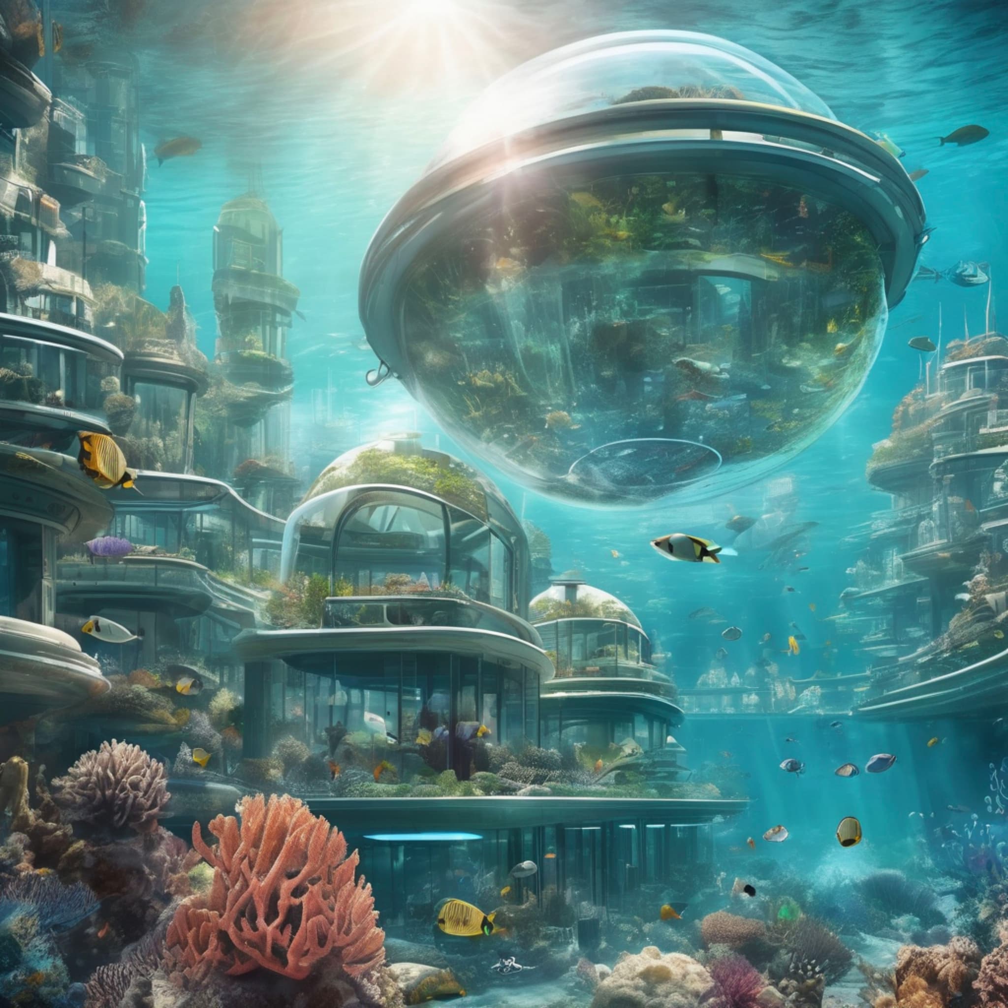 A bustling underwater city with transparent dome-shaped buildings and vibrant coral reefs, marine life swimming through, futuristic underwater transportation systems.