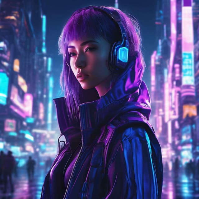 Cyberpunk style, futuristic city, anime girl under neon lights, blue-purple glow, cybernetic elements, exquisite details, tech feel