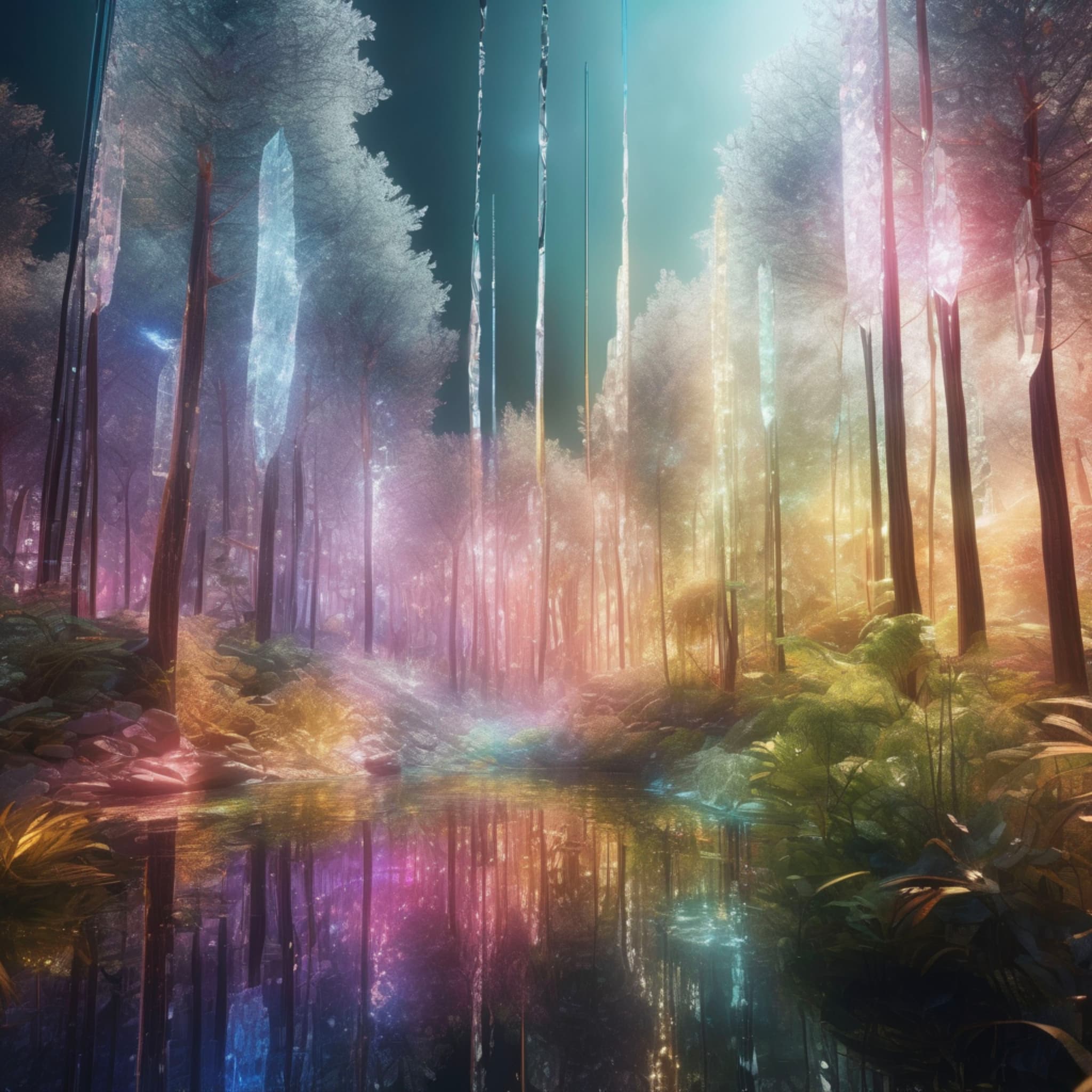 A forest made of transparent crystals, trees and plants floating in the air, with sunlight filtering through cracks, reflecting rainbow-colored light.