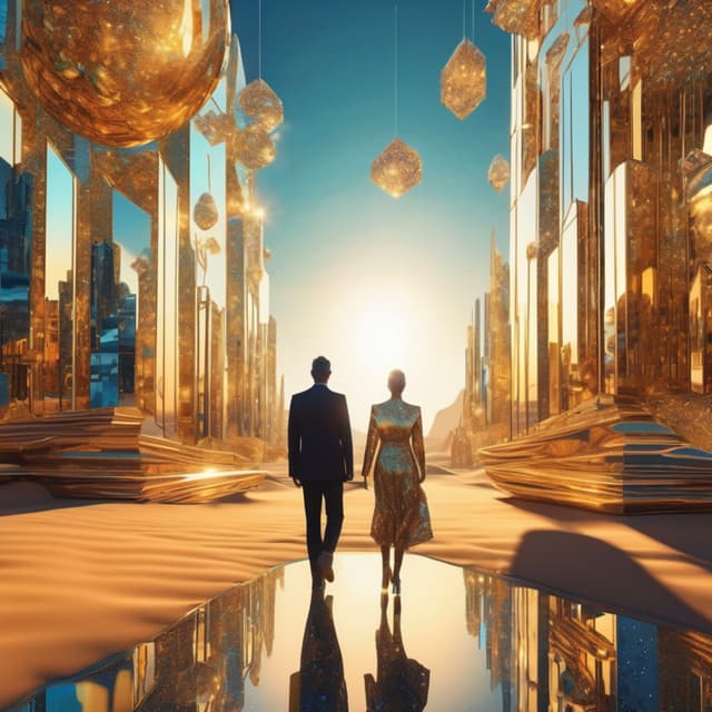 A city made entirely of mirrors and crystals standing in an endless golden desert, sunlight refracting into dazzling colors, floating illusions reflecting reality in the sky, futuristic-dressed people walking through the surreal dreamscape