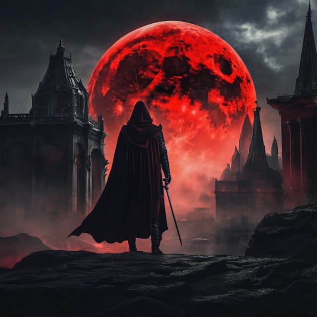 Ancient dark city covered in shadows, eerie red moon floating in the sky, mysterious guardian in a black cloak standing on the wall, cold sharp eyes, shining sword, storm sweeping the battlefield, dark fantasy style, highly detailed