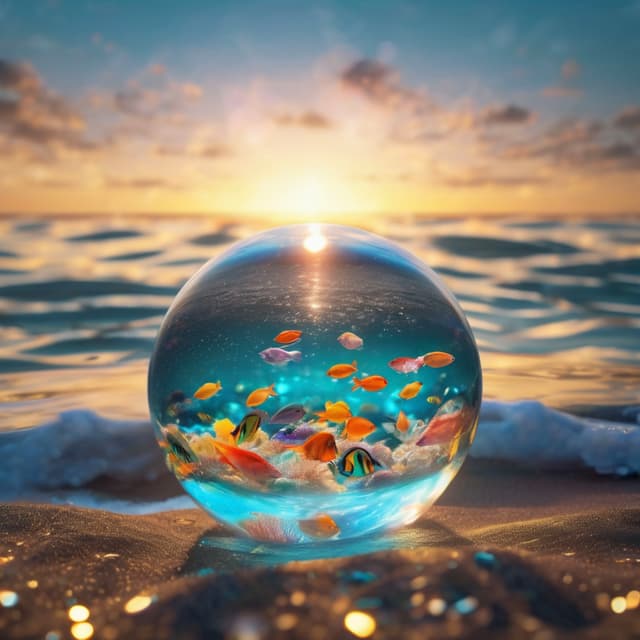 A giant crystal ball floating on the surface of the sea, surrounded by colorful fish and transparent bubbles, with golden light at the horizon.