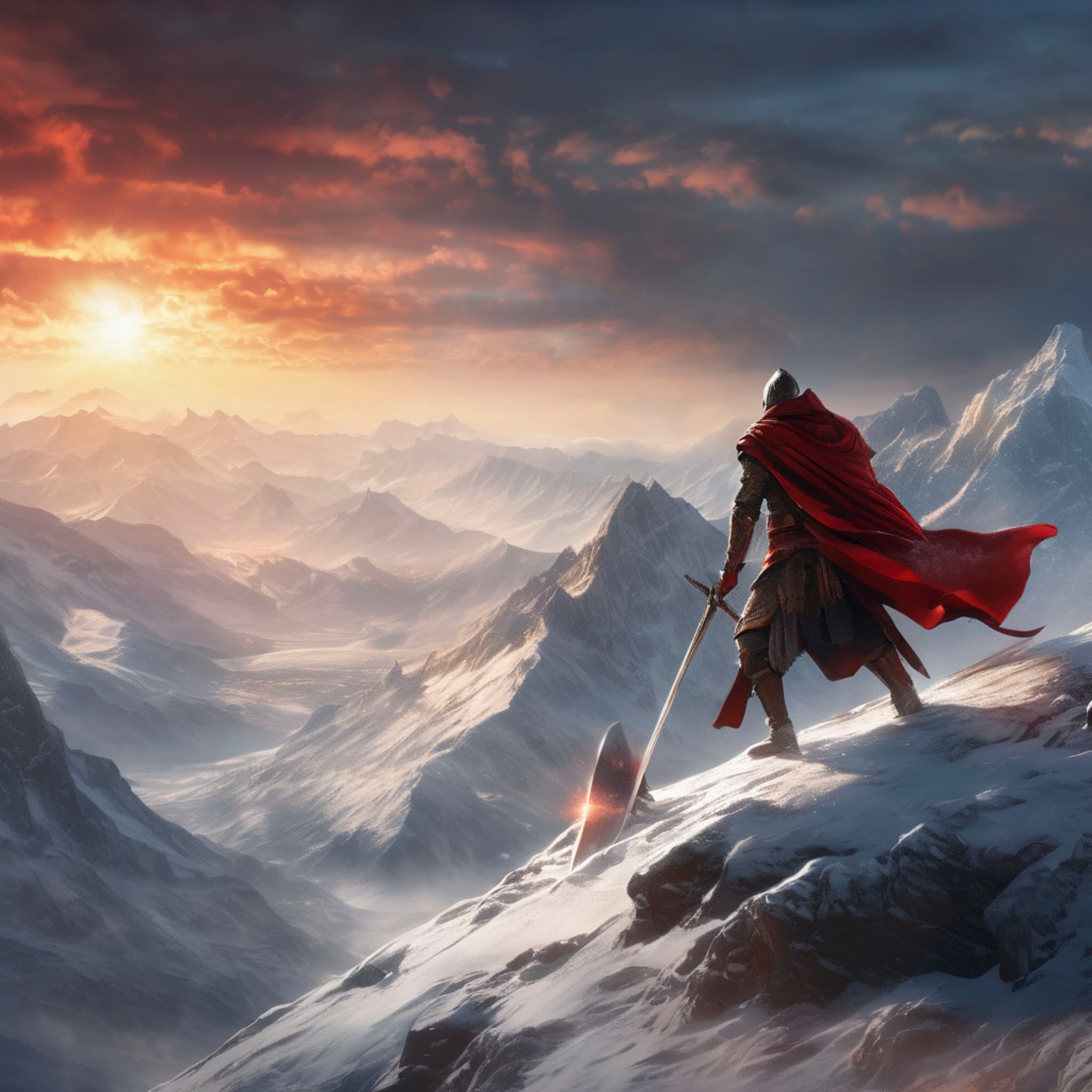 Snow-covered mountain peak, two warriors in fierce duel, flowing red cloak, flashing swords, wind sweeping snowflakes, sunset-drenched sky, intense battle scene, highly detailed, ultimate light and shadow art