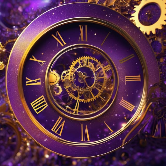 flowing dreamscape, whirlpool of time, glowing clocks and gears, mysterious cosmic background, purple and gold gradient tones, blend of fantasy and reality, soft light and ultra-detailed textures, abstract representation of time's passage, digital art, HD 4K render