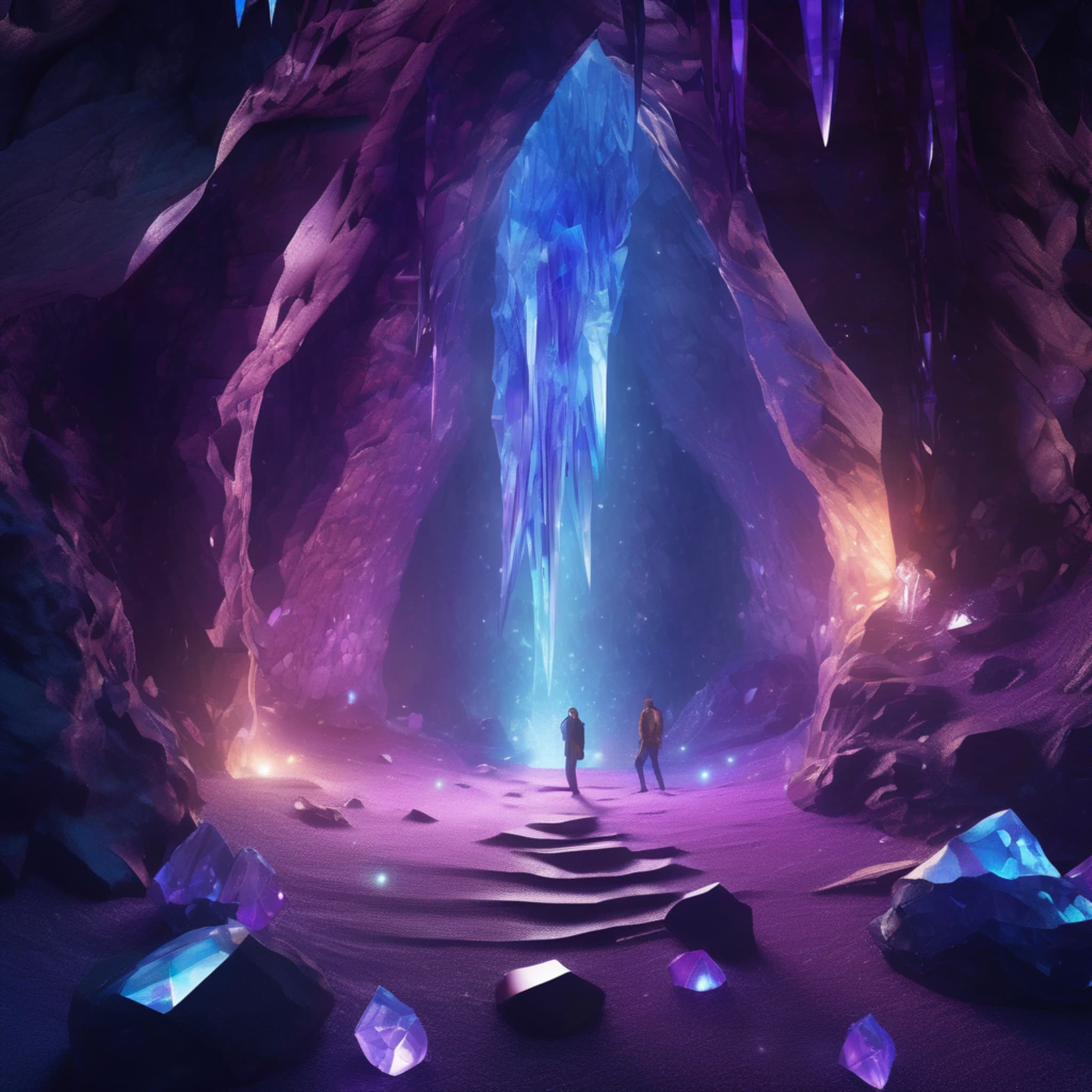 A mysterious crystal cave, blue and purple crystals growing from the floor and ceiling, the air filled with a mystical glow, an adventurer holding a light source exploring this magical crystal world, fantastical adventure style, highly detailed