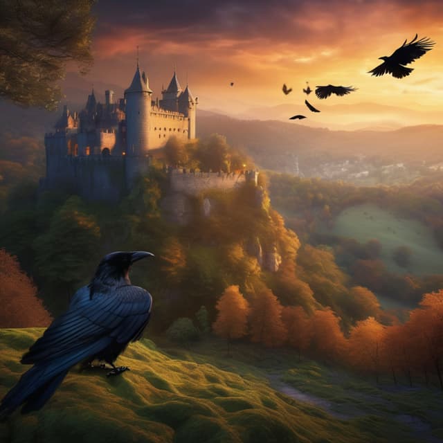 Ancient castle bathed in sunset glow, ivy-covered stone walls, flying black ravens, misty forest in the distance, mysterious twilight atmosphere, fairy tale fantasy scene, delicate light and shadow, highly detailed artistic style