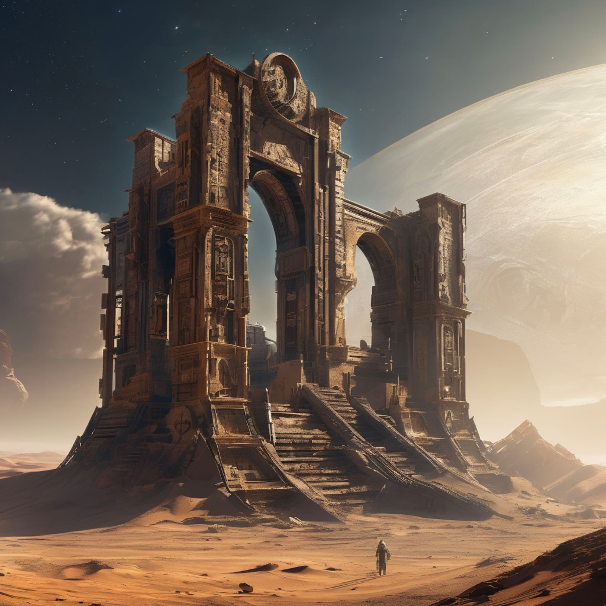 On a distant lost planet, ancient ruins emitting eerie light, massive mechanical structures buried in the desert, mysterious symbols and energy flows shimmering through the ruins, distant galaxies twinkling in the sky, sci-fi adventure style, highly detailed