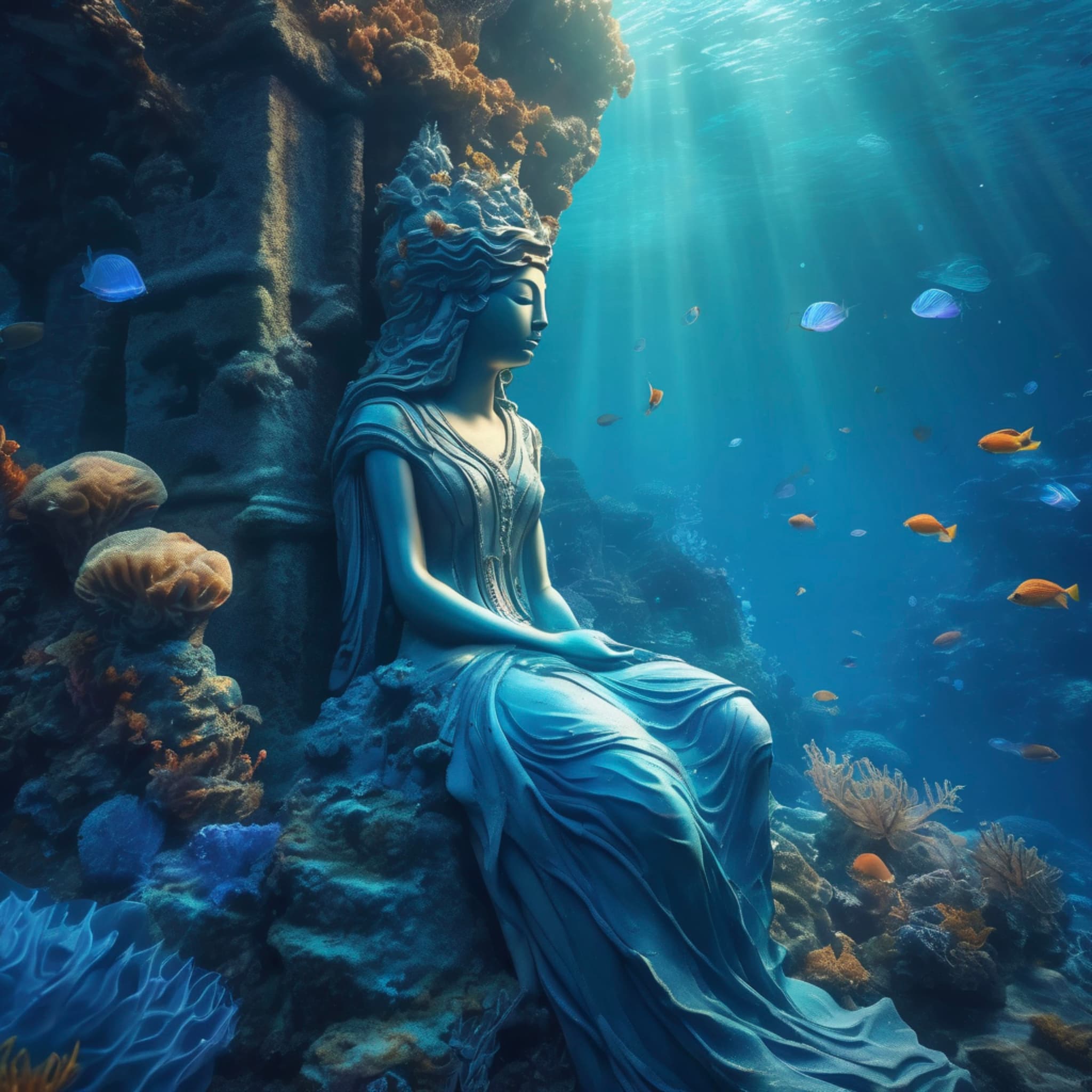 Mysterious deep-sea world, giant sleeping goddess statue among coral reefs, blue ethereal glow covering ruins, swimming mystical fish, floating jellyfish emitting soft light, ocean fantasy style, high-resolution detail, breathtaking underwater scenery