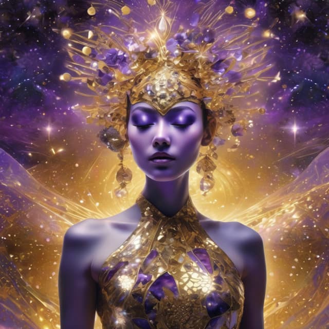 dancer with golden mask, crystal skin embedded with fragments of galaxy stars, purple halo surrounding, 80-degree view, art style blending Alex Ross, Yoko Honda, Gustav Klimt, and M.C. Escher.