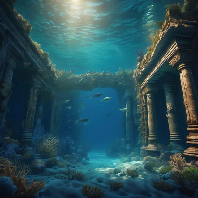 Deep blue ocean depths, an ancient lost city covered in corals and seaweed, broken statues half-buried in sand, massive sea creatures swimming through the ruins, soft light filtering through the water, mysterious fantasy style, highly detailed