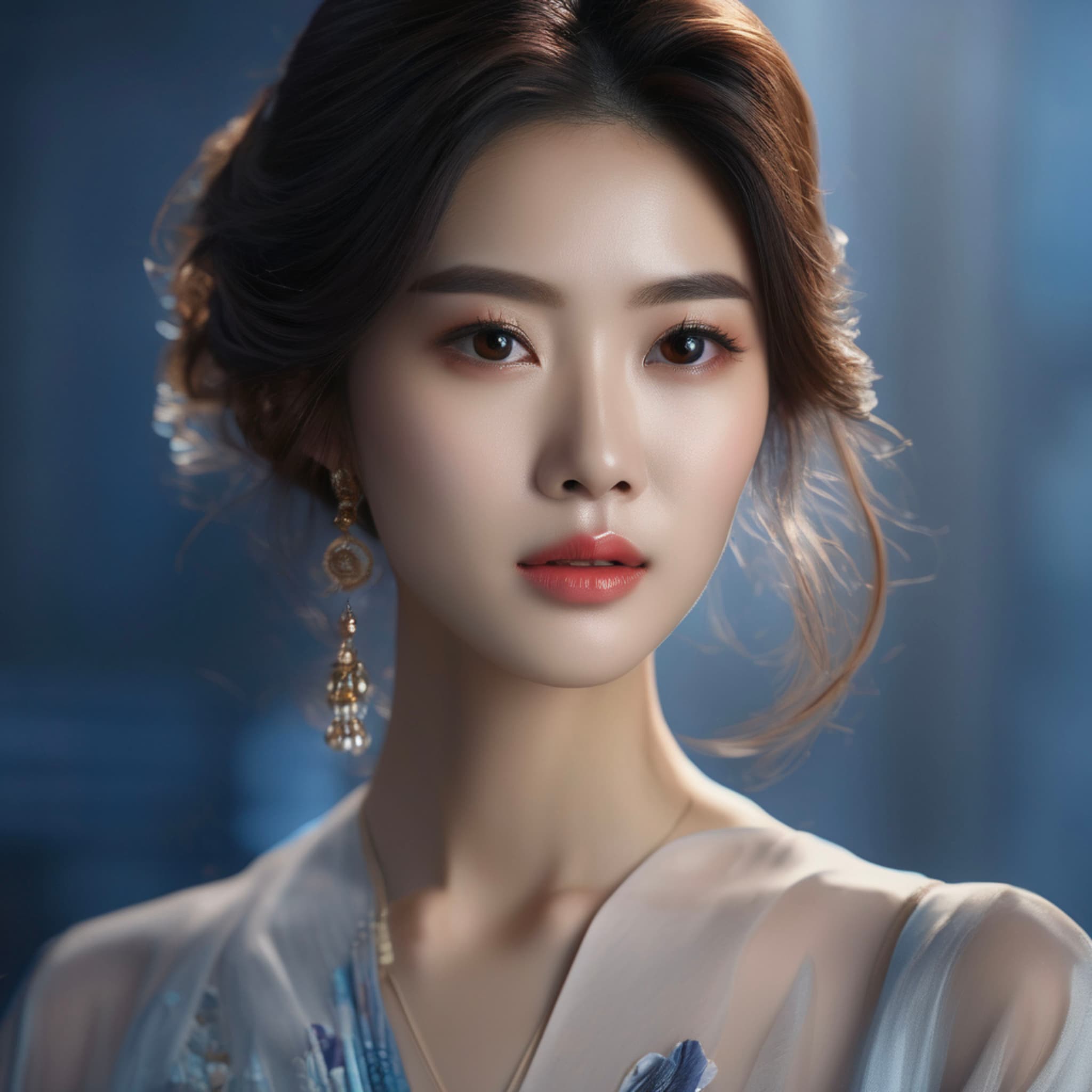 portrait of A beautiful Asian girl. Brown eyes, elegant, luxury, blue collage, dramatic studio lighting, medium shot, mid-shot, highly detailed, trending on Artstation, Unreal Engine 4k, cinematic wallpaper