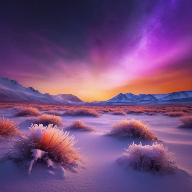 desert landscape, ice-covered plants, aurora glow, warm sunset and cold snow contrast, snowflakes floating in the sky, mystical snow mountains, frost crystals, purple and orange gradient tones, mirror-like sand surface, surreal landscape, fantastical sky clouds, vibrant light glow, dreamy perspective, HD 4K