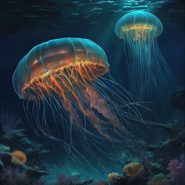 In the deep ocean's darkness, bioluminescent sea creatures swim, emitting faint glows, massive jellyfish and strange fish gliding through the currents, the abyss filled with the unknown.