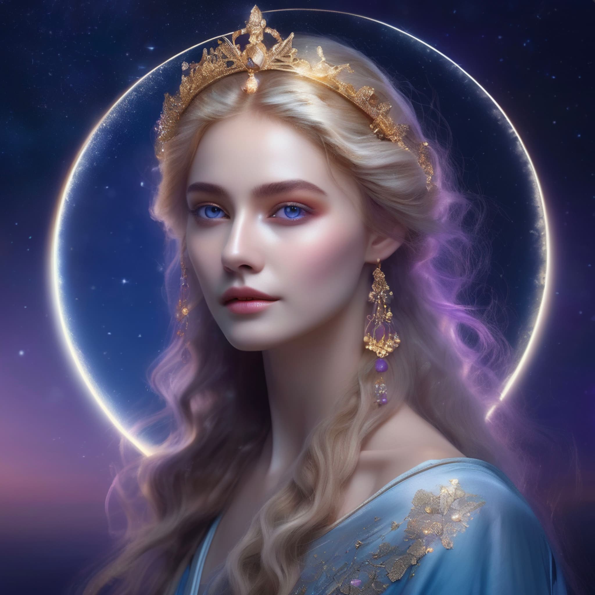 elegant goddess, moon background, halo around the hair, mysterious starlit reflection, delicate facial features, dreamy blue and purple gradient, flowing golden hair, eyes sparkling like stars, face with a mysterious smile, long robe flowing like water, sacred and surreal combination, ultra-detailed, soft light and shadow interplay, HD 4K