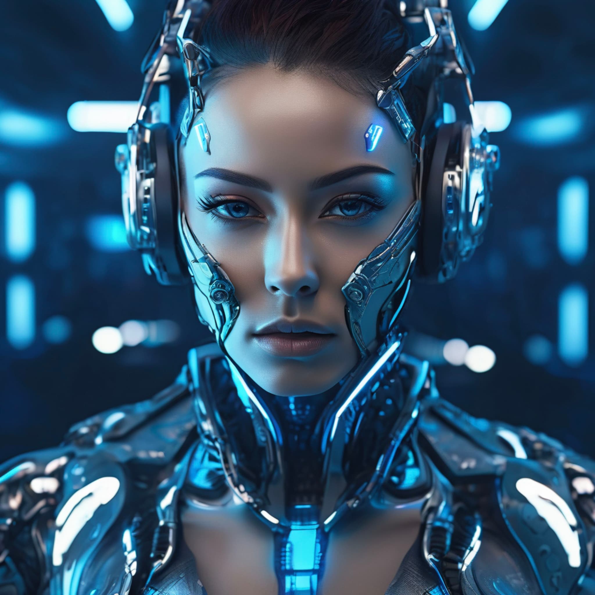 Portrait of a cyborg ,cyberpunk style, mechanical eye and facial implants, futuristic metal skin, cool blue and silver tones, intense tech feel, sharp contours, dyn amic pose, neon background, HD 4K