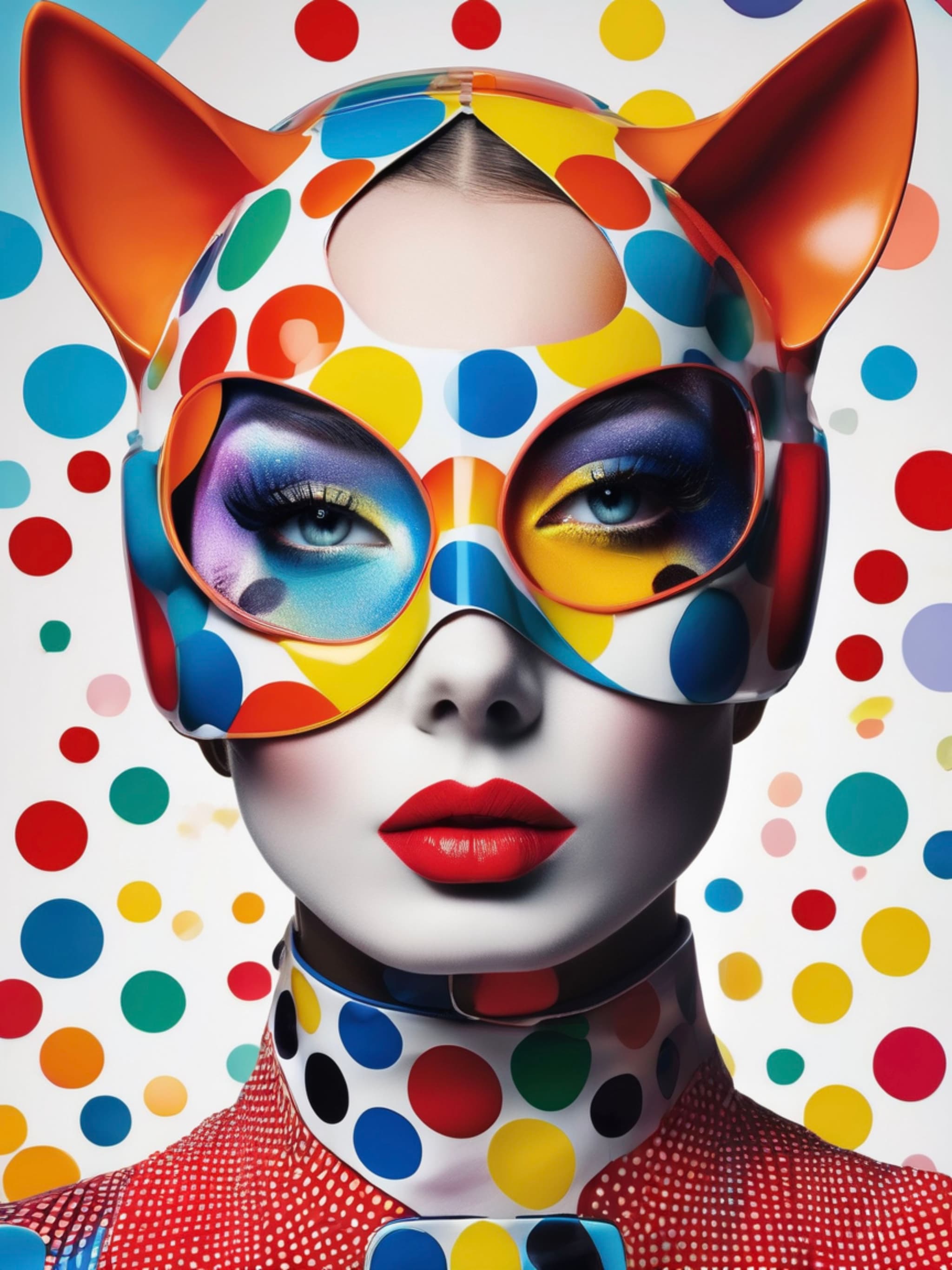 cat woman mask blending Courreges air hostess style, 80-degree angle view, transparent porcelain covered with vibrant multicolor pop polka dots, an alluring expression enhanced by pop art, influenced by the artistic styles of Sergio Lopez, Natalie Shau, James Jean, and Salvador Dali, creating a surreal futuristic effect.