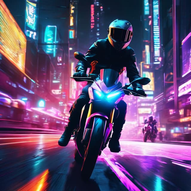 Bustling cyberpunk city nightscape, motorcycle rider speeding through neon-lit streets, sleek black bike reflecting city lights, rider wearing a high-tech helmet, floating holographic advertisements, futuristic cyber-tech atmosphere, highly detailed