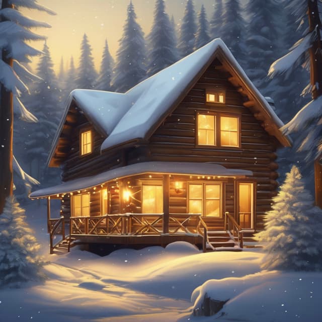 Snowflakes gently falling, a cozy wooden cabin nestled deep in the forest, a fireplace glowing warmly, soft yellow light shining through the windows, a fluffy cat curled up on the sofa, festive decorations filling the room, heartwarming and comforting atmosphere, highly detailed