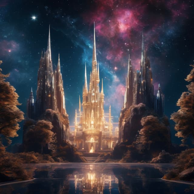 A grand crystal castle standing in the vast universe, with its spires twinkling with starlight, surrounded by flowing nebulae.