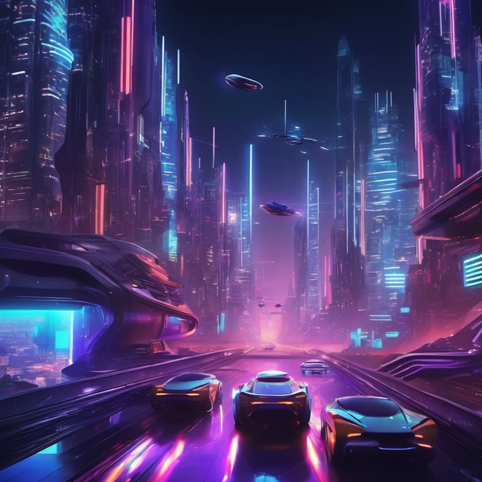 High-tech futuristic city, neon lights glowing, flying cars zipping through the air, futuristic buildings, deep night sky.