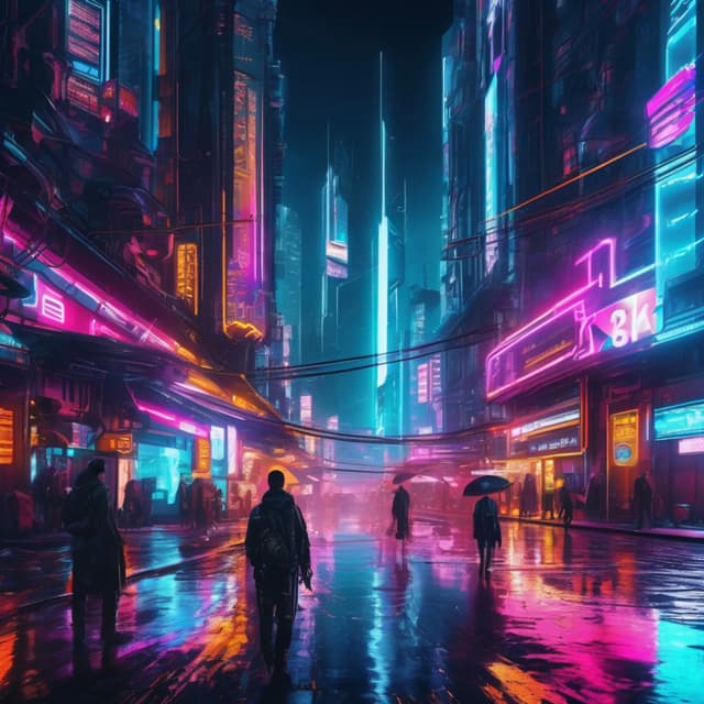 Cyberpunk-style futuristic city, vibrant neon lights, wet streets, people in high-tech clothing, floating holographic ads, cyberpunk atmosphere, sci-fi art, high contrast, ultra-high detail