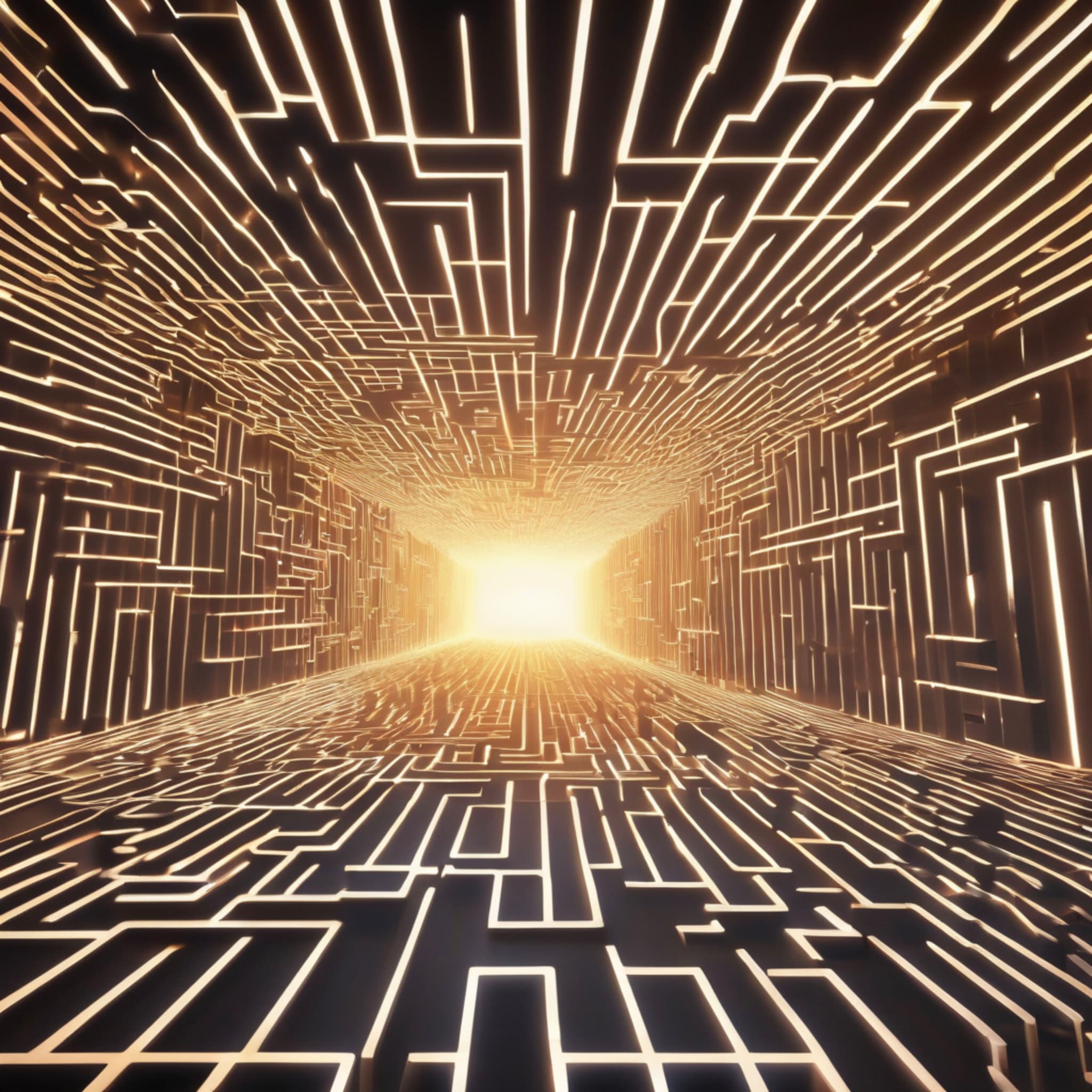 A massive maze made of glowing beams of light and shifting shadows, the walls constantly changing like flowing light, floating light particles and reflective surfaces, full of mystery and challenge.