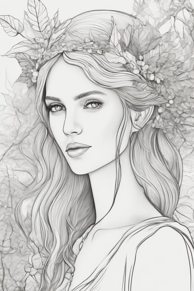 elf character, delicate lines, soft contours, forest elements, minimalist style, HD line art