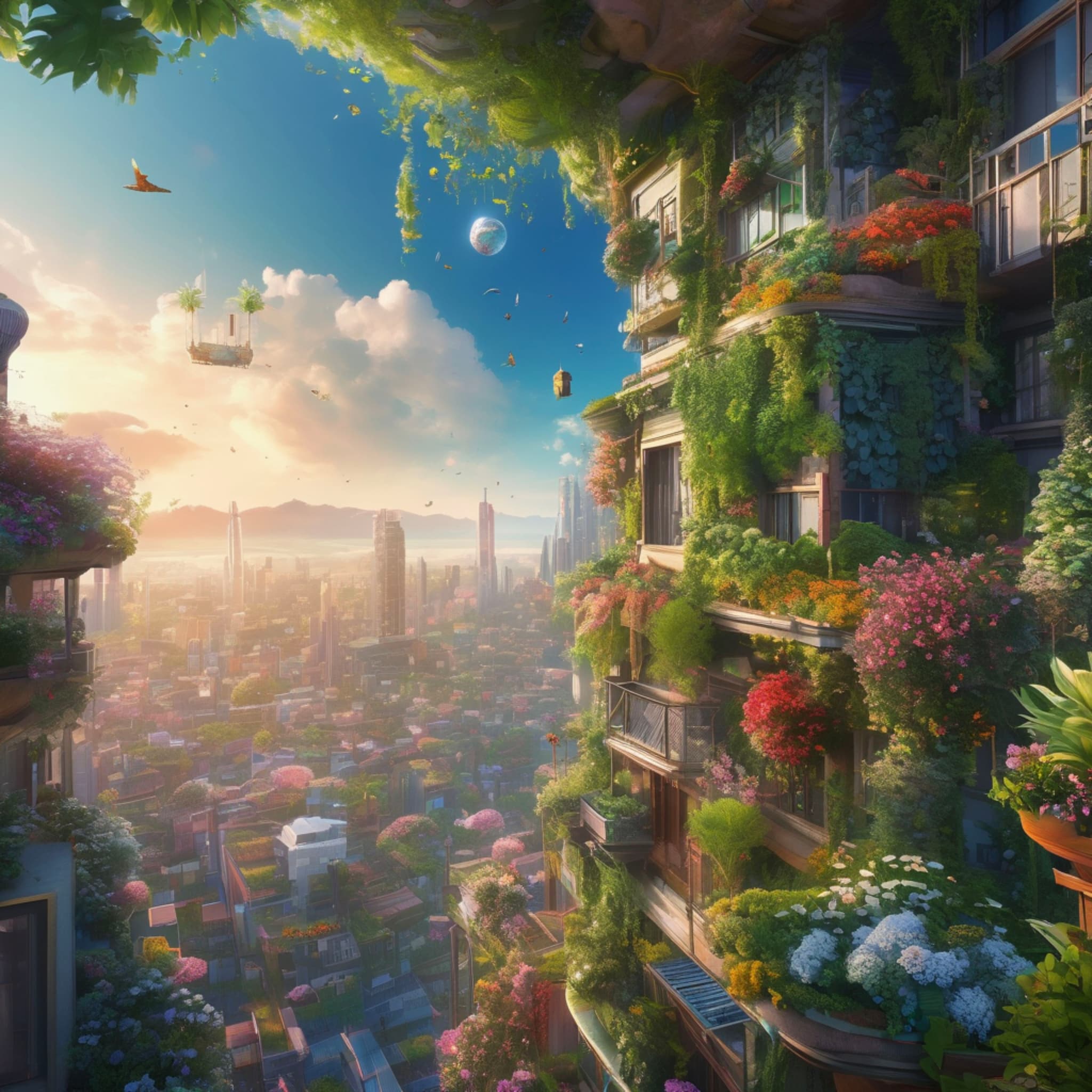 A floating city in the sky, where buildings and lush gardens intertwine, flying plants and flowers drift through the air, the colors of the sky and garden blending together, full of vitality and harmony.