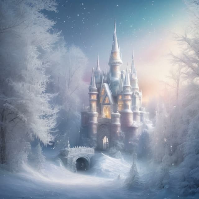 A magical kingdom covered in snow, an ice crystal castle, shimmering rainbows in the cold snowstorm, ice snow fairies drifting through the white forest.