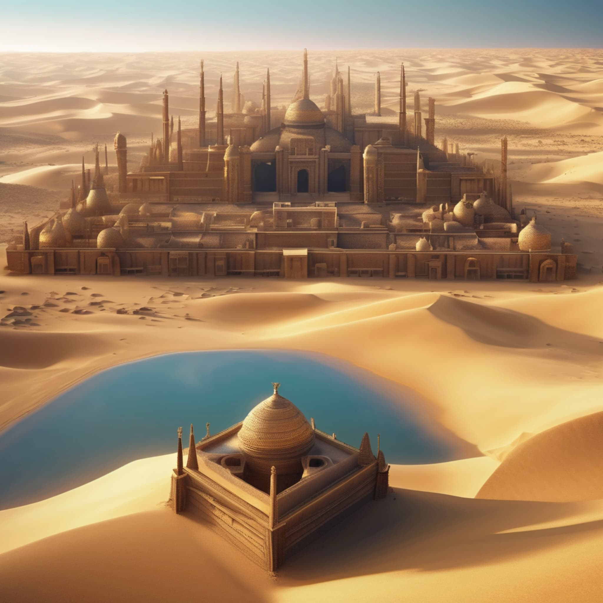 In a gravity-less desert, an ancient city floats in the air, buildings made of sand particles, with light refracting into strange colors.