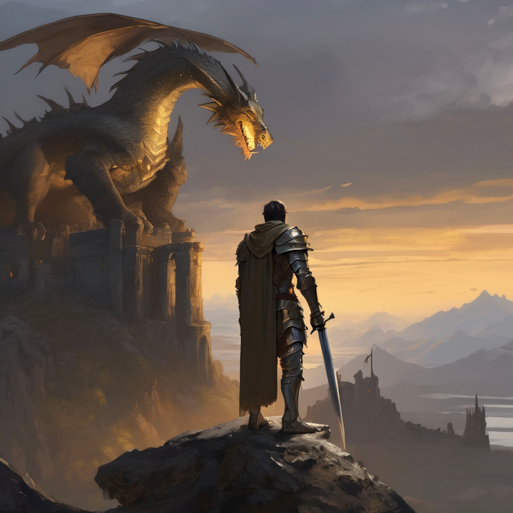 A knight standing atop a mountain, gazing at a distant dragon, the golden light of dusk illuminating the warrior and the dragon, with ruins in the background.