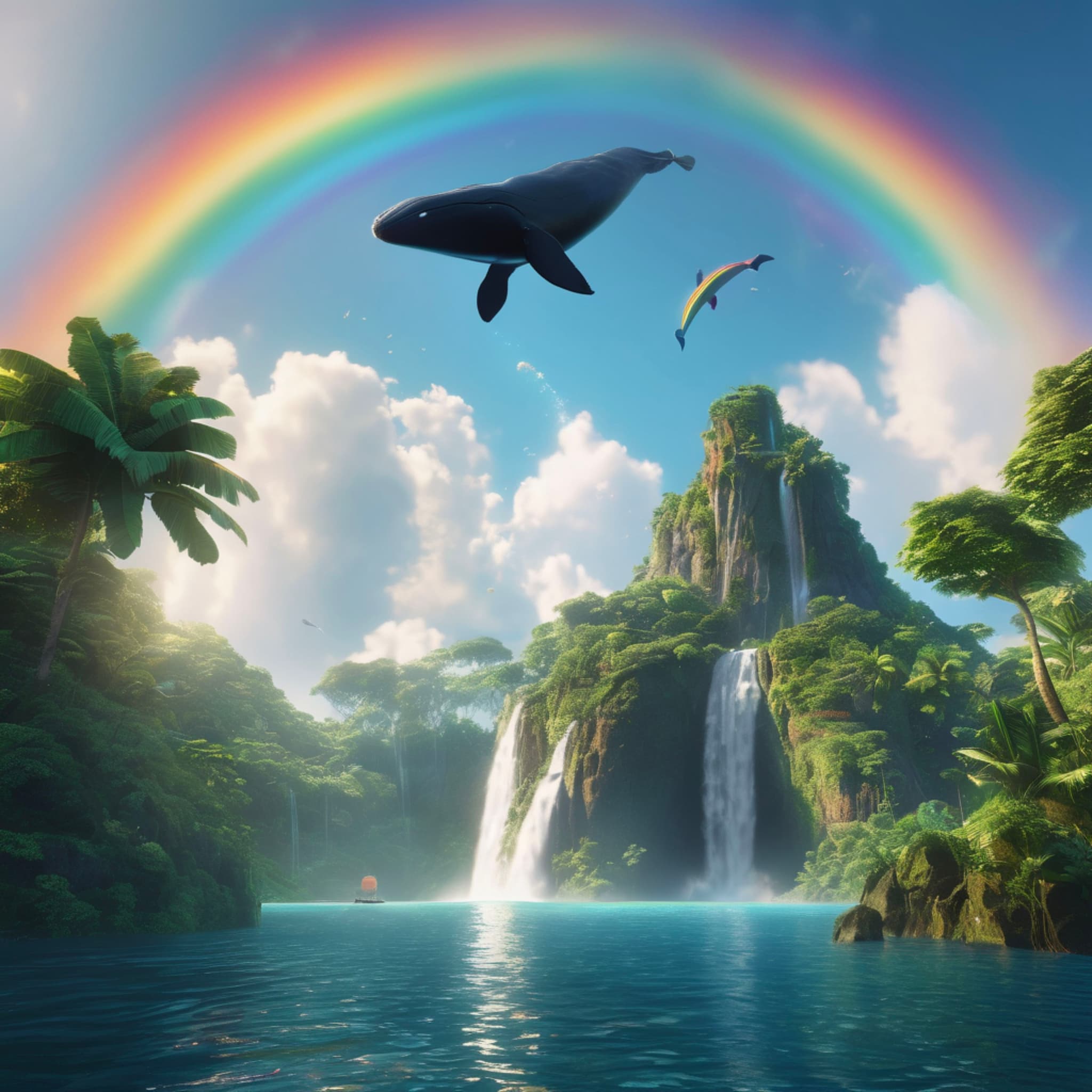 An island floating in the sky, with lush tropical plants and waterfalls, the sky adorned with rainbows and light, and a giant flying whale in the distance.