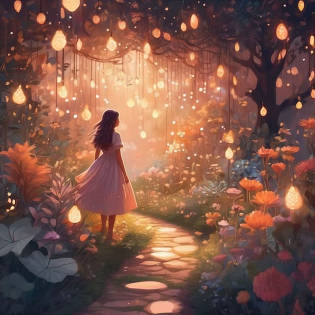 A girl in a beautiful dress walking through a magical garden filled with strange plants and glowing flowers, tiny lights floating around, dreamy illustration style, soft and warm tones.