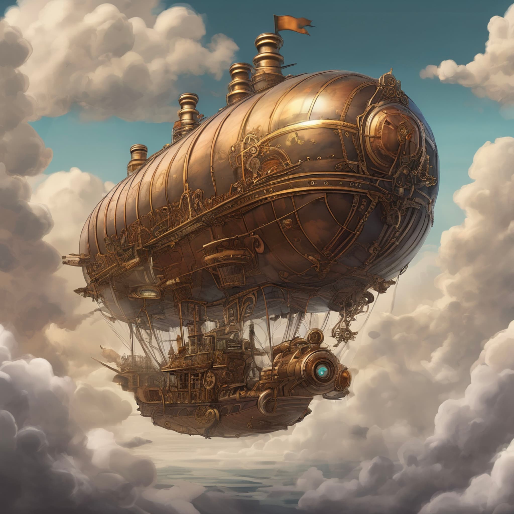 A massive steampunk-style airship flying through the clouds, decorated with brass pipes and gears, smoke billowing from the giant engines, a retro-tech atmosphere.