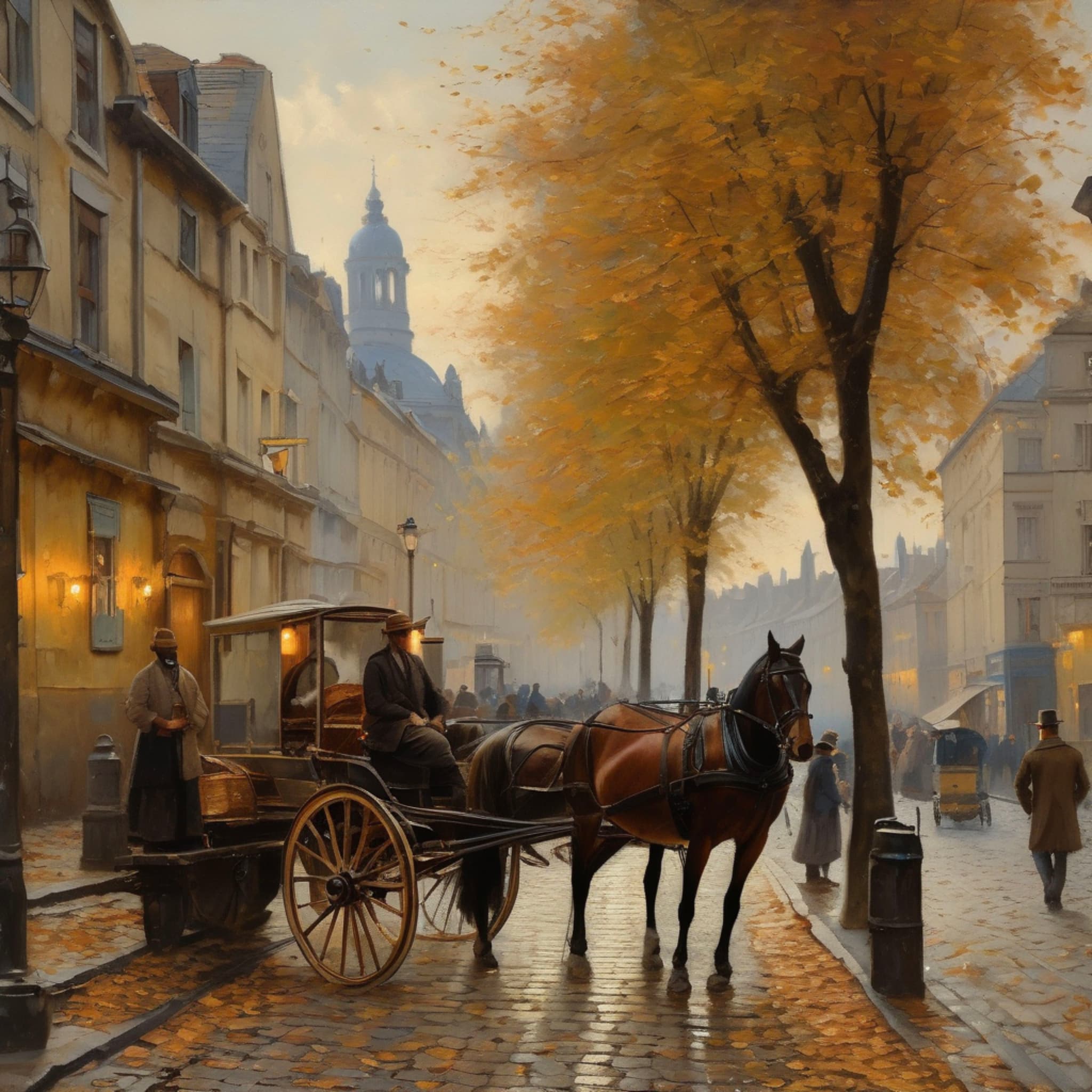 19th-century European street, an artist sitting on a wooden stool, deeply focused on painting the street scene, aged cobblestone roads covered with fallen leaves, horse-drawn carriages passing in the distance, soft melodies from a nearby café, warm golden oil painting style, highly detailed