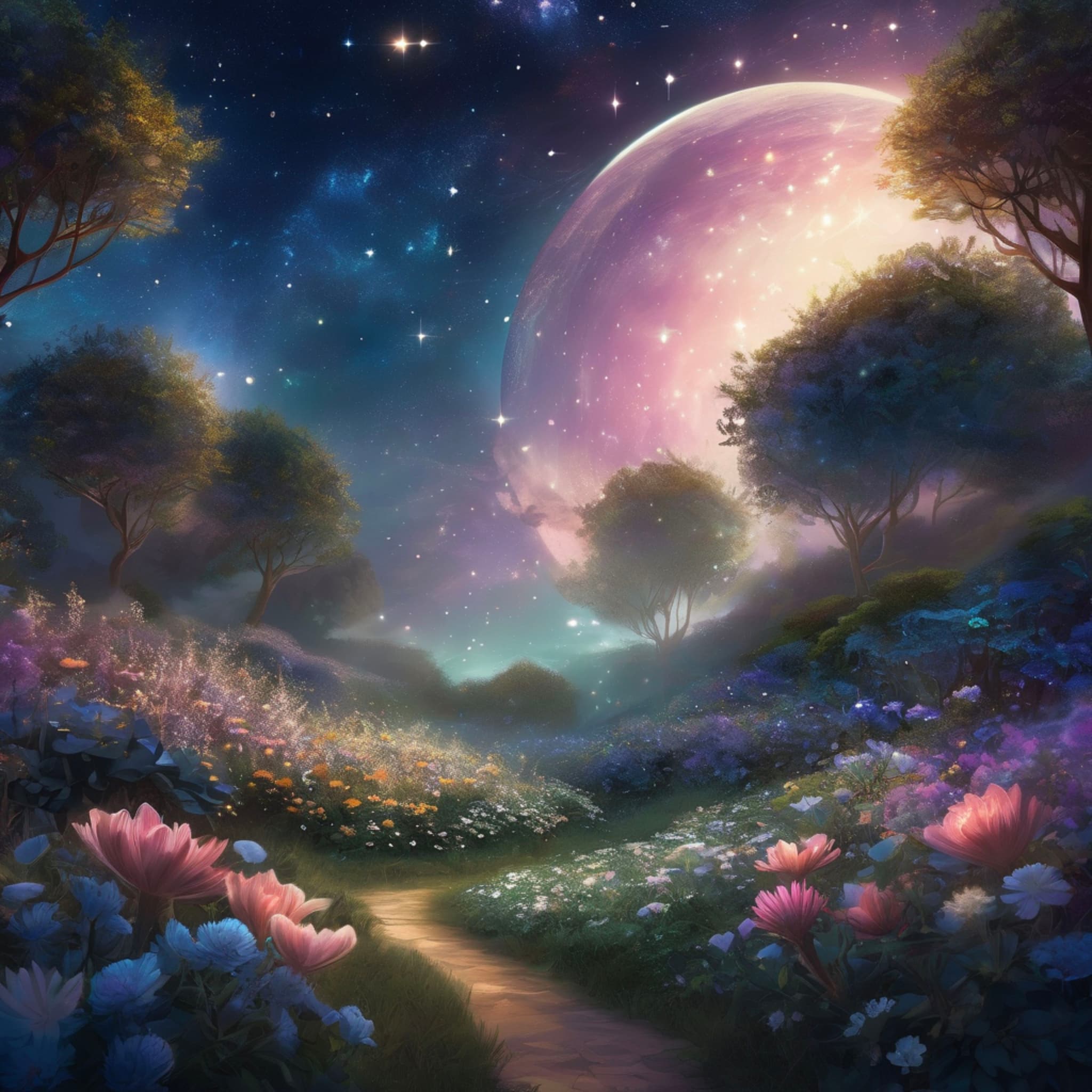 A garden located above stardust, strange plants growing under the starry sky, flowers emitting starlight, floating stardust in the air, the whole scene filled with fantasy and cosmic vibes.