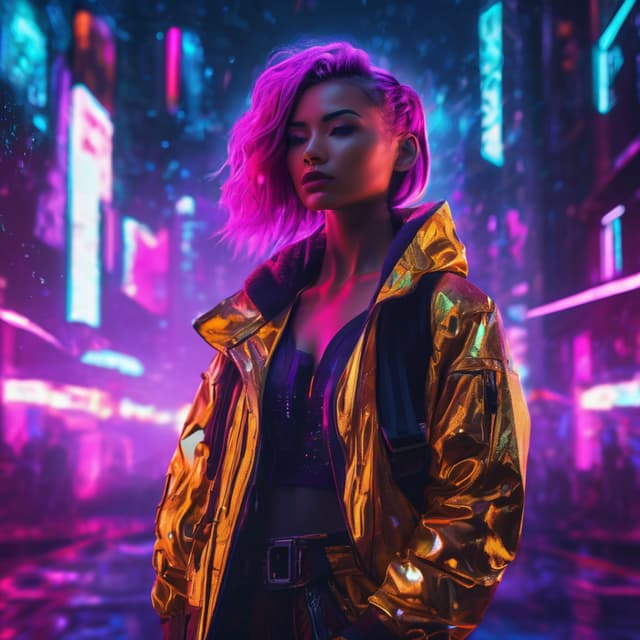 A cyberpunk girl standing in a neon-lit street, dressed in high-tech attire, surrounded by floating light particles and virtual screens, cold tones with a strong futuristic vibe.